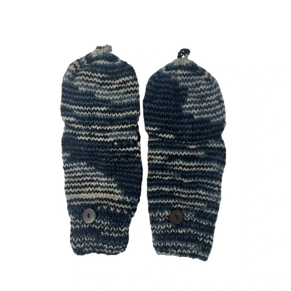Wool Blue Marled Knit Convertible Flip Top Mittens Fleece Lined Glittens
